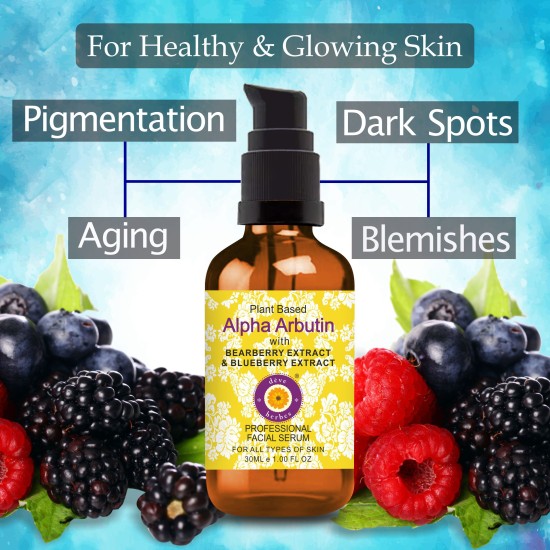 Pure Plant Based Alpha Arbutin Face Serum with Bearberry Extract & Blueberry Extract 30ml (1 oz) with Free Pure Vitamin E Oil 10ml (0.33 oz)